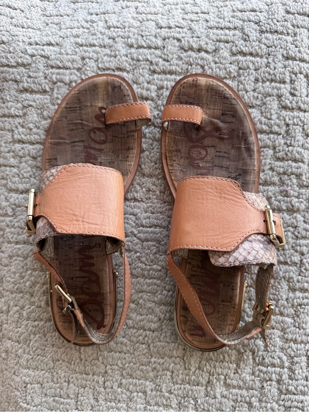 Sam Edelman Brown Beige Snake Print Leather Ankle Strap Flat Sandals US 8 M